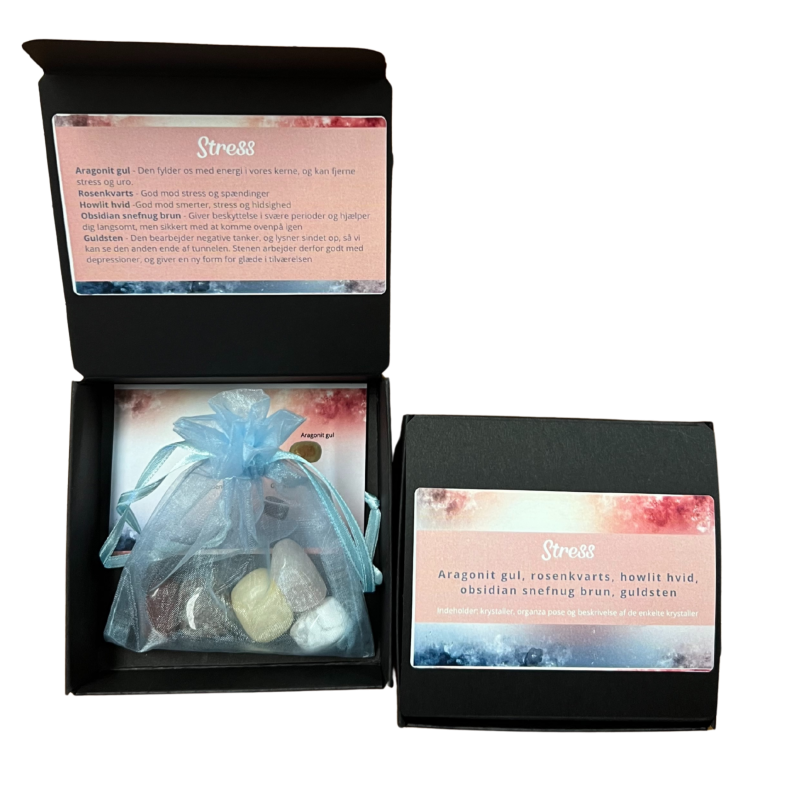 Krystaller med beskrivelse 5 stk. i boks og pose - tema - Stress