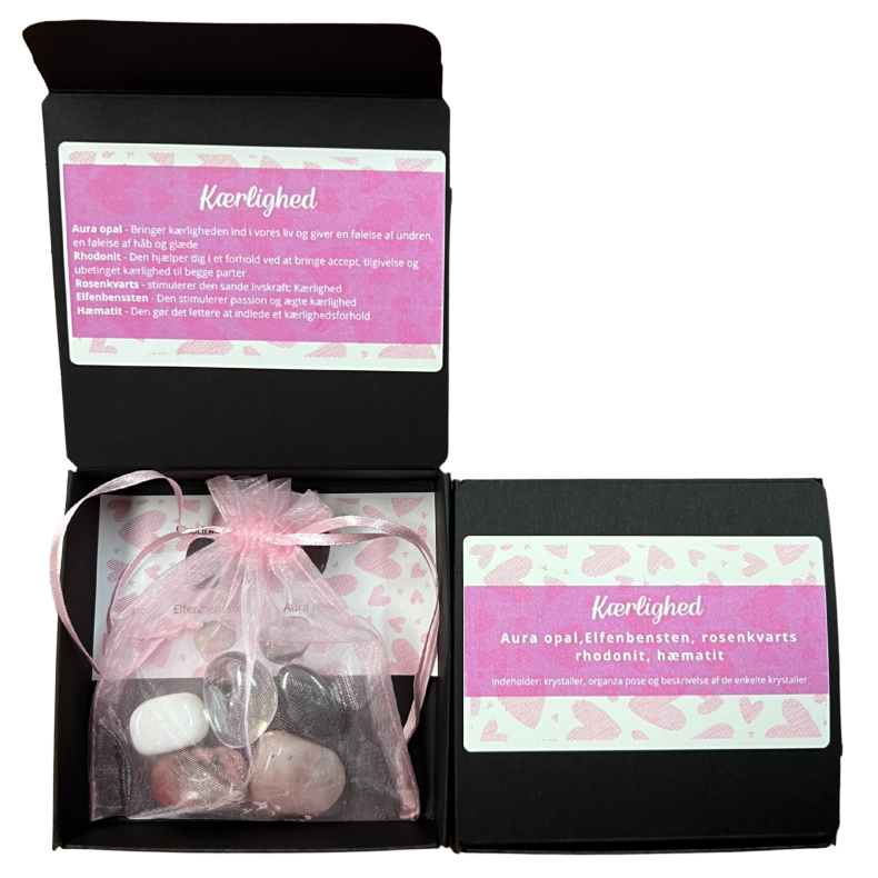 Krystaller med beskrivelse 5 stk. i boks og pose - tema - Krlighed