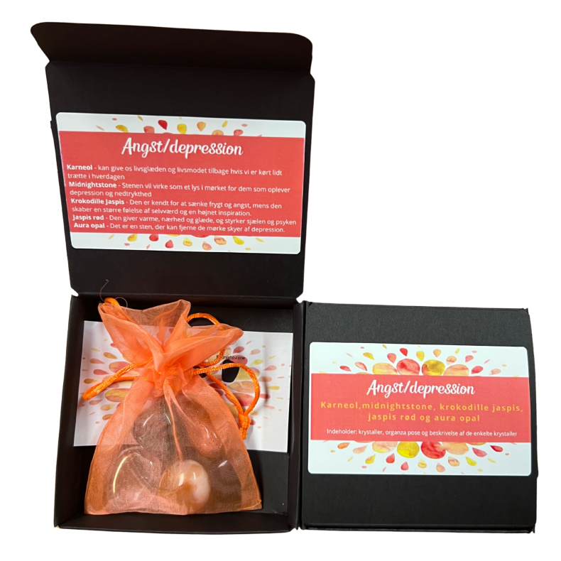 Krystaller med beskrivelse 5 stk. i boks og pose - tema - Angst/depression