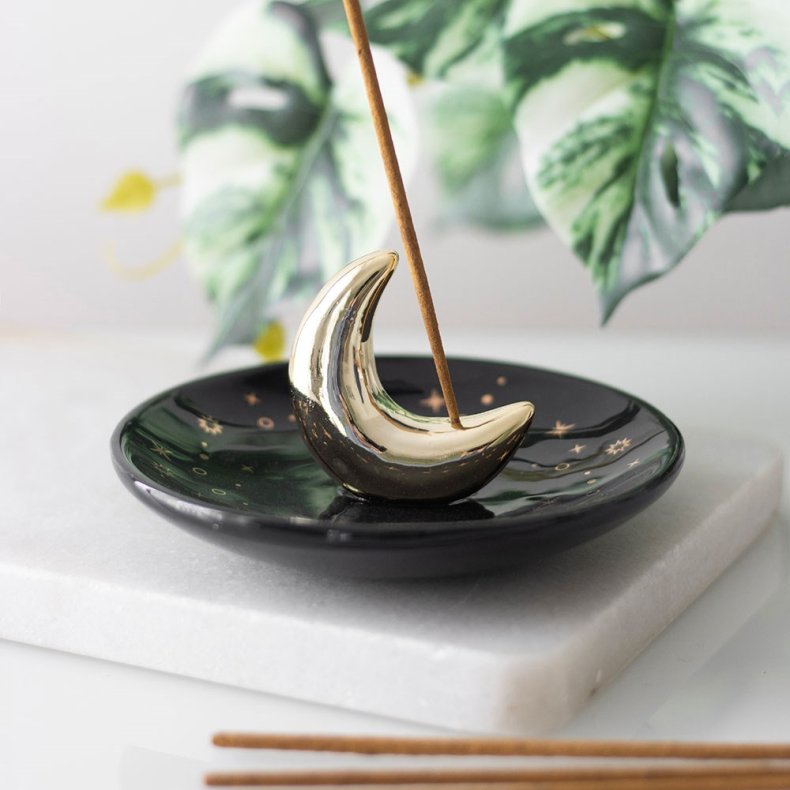 Guld m�ne duftpind holder - Crescent Moon, incense stick holder