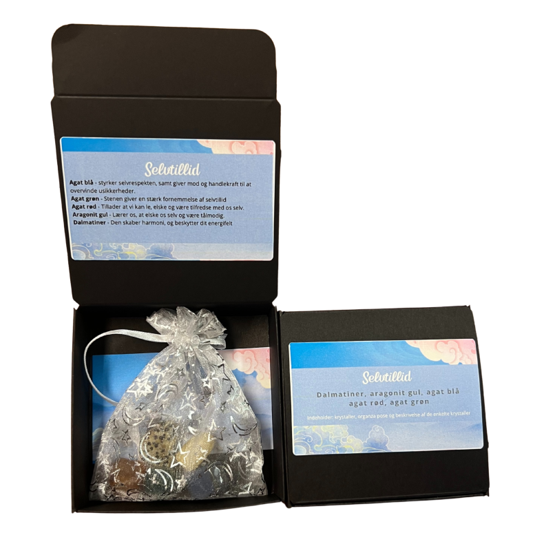 Krystaller med beskrivelse 5 stk. i boks og pose - tema - Selvtillid